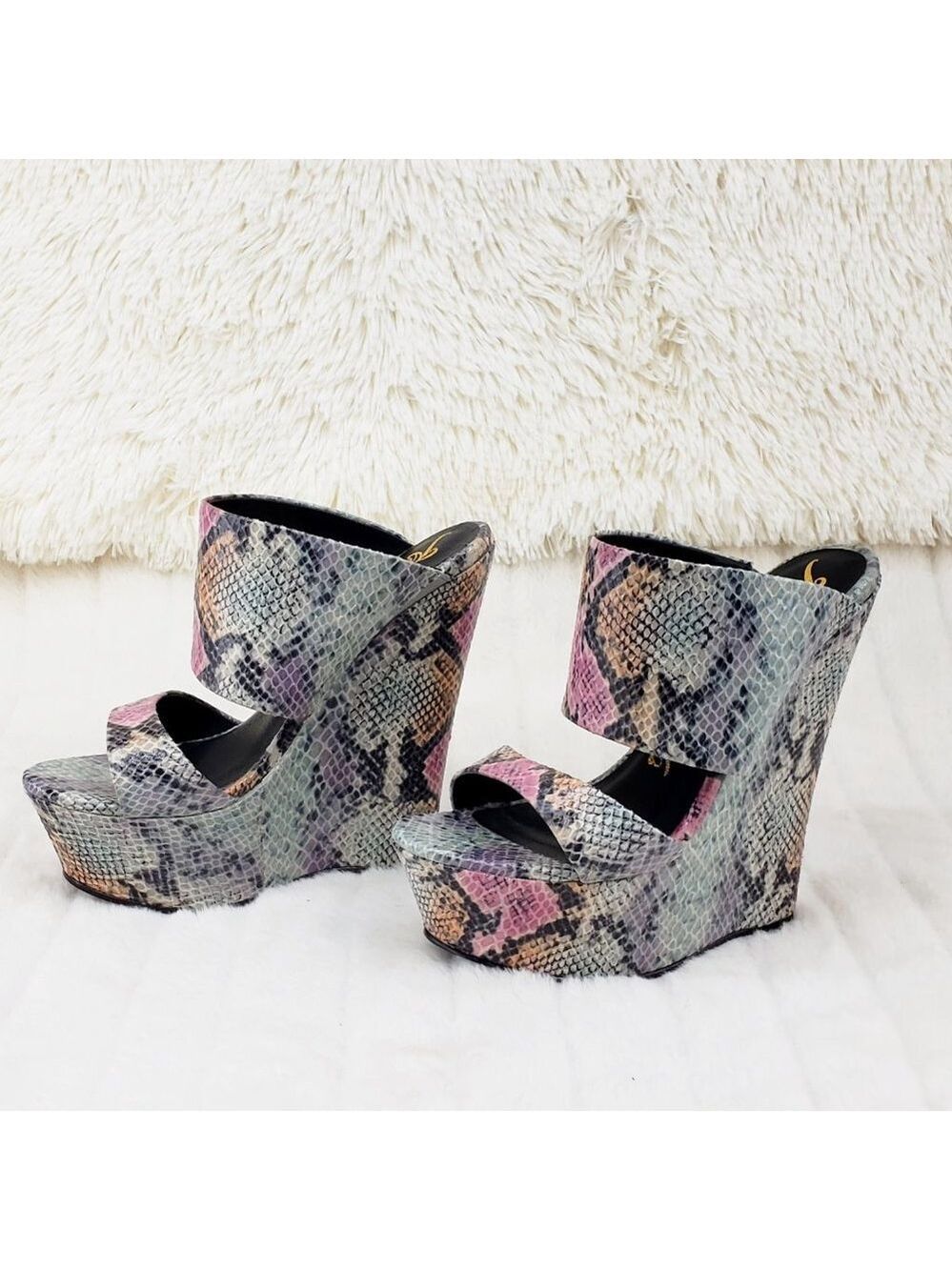 Wide Strap Slip On Multicolor Snake Print 6" Wedge Heel Shoe Platform Sandals